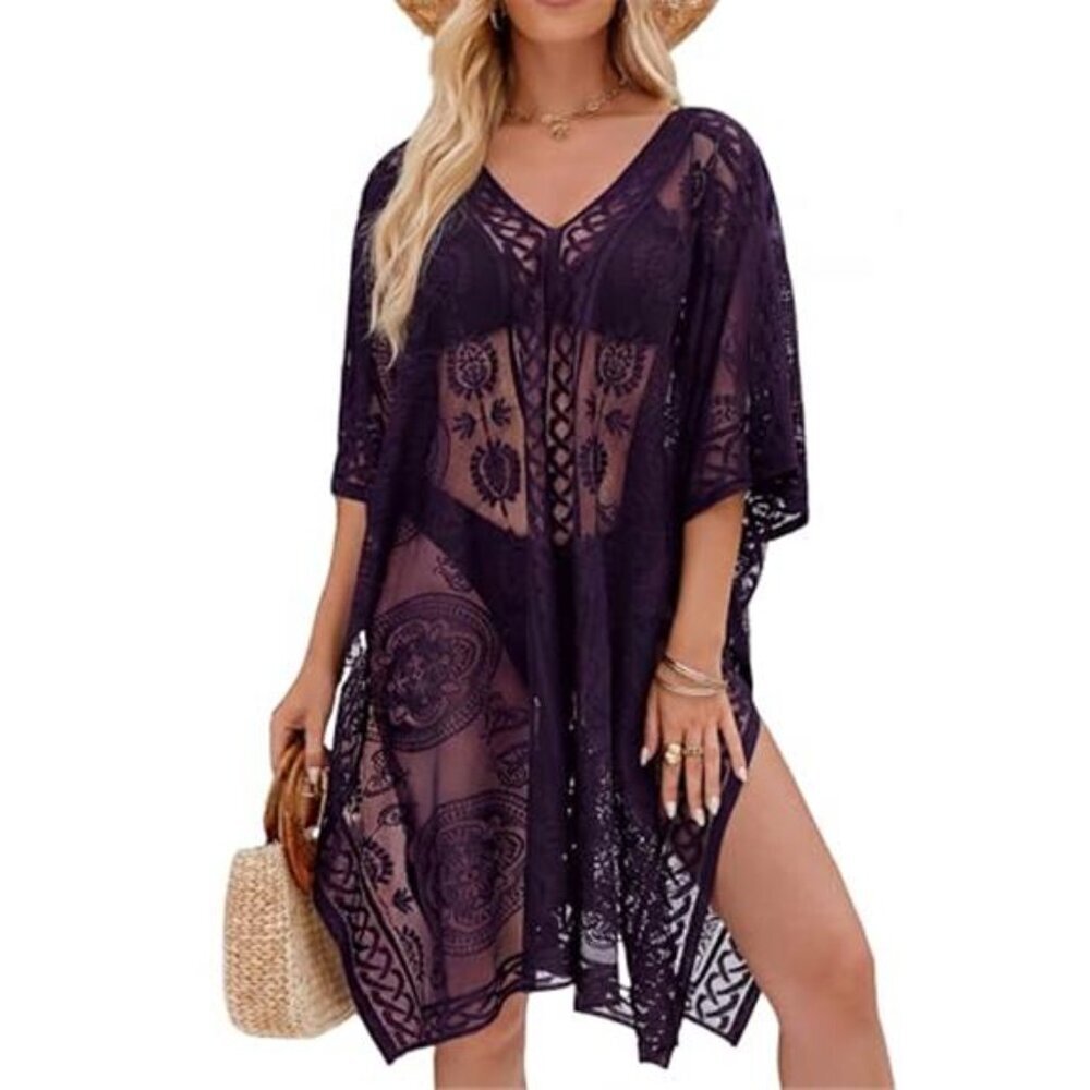 Elegant Purple Lace V-Neck Beach Cover Up